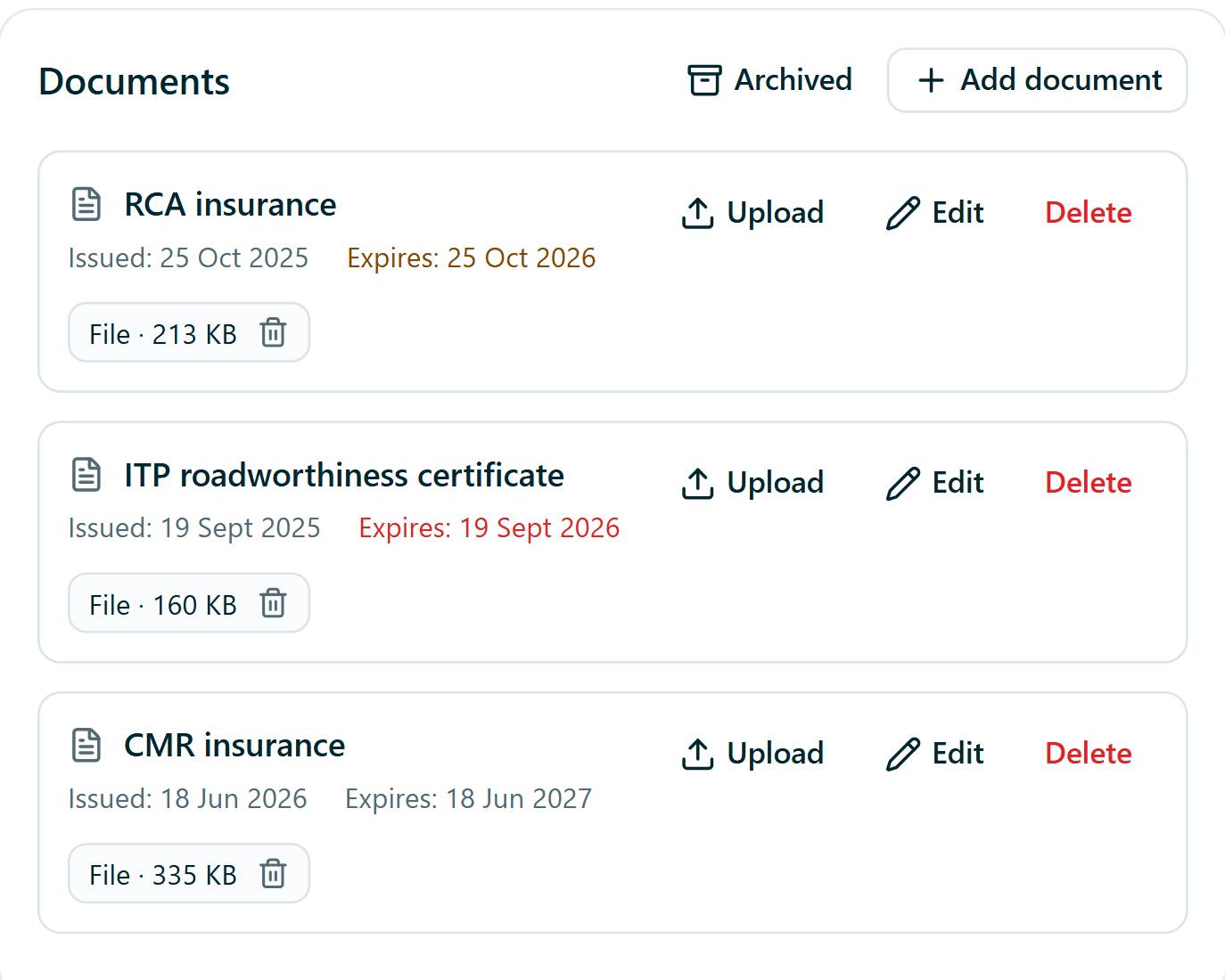 A truck's Documents card: RCA insurance, ITP roadworthiness, CMR insurance, tachograph calibration and ADR certificates, each with its issue and expiry date