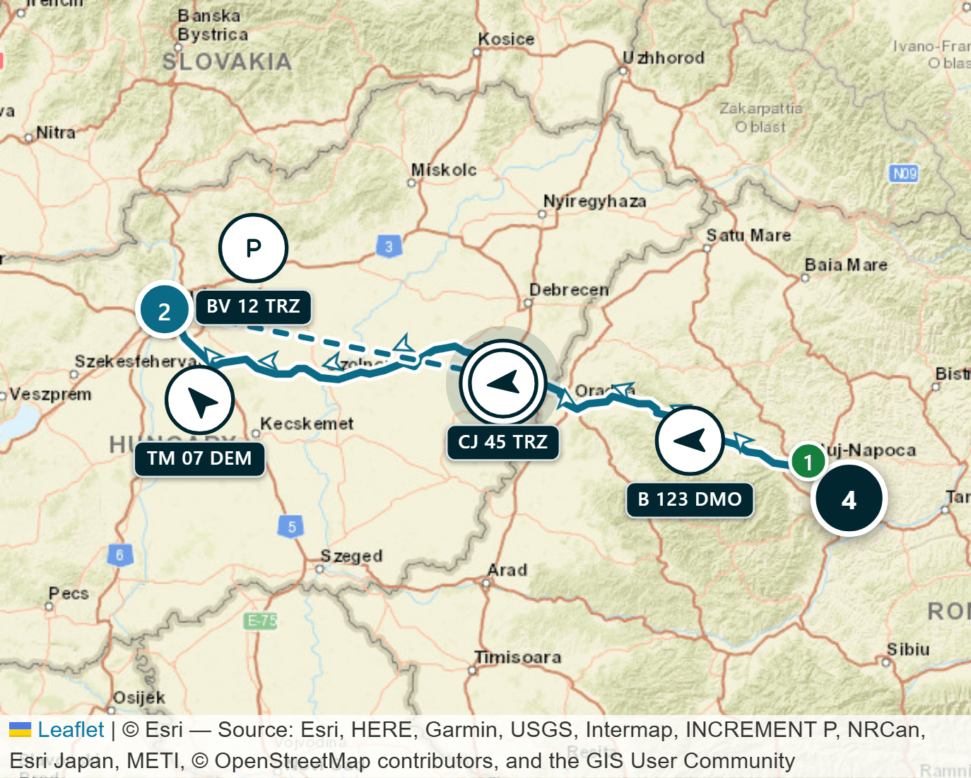 Live map of Romania and Hungary with eight vehicles. A list on the left shows three trucks driving with speed, driver and next stop, then parked and sleeping vehicles and trailers. Truck markers with plates sit on the map.